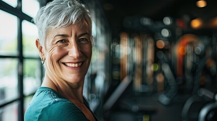senior fit woman with grey hair smiling in the gym, - obrazy, fototapety, plakaty