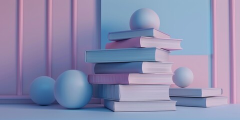 A stack of books with a blue and pink background