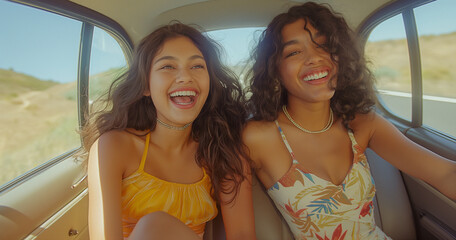 Two young women sit in the backseat of a car laughing and singing.