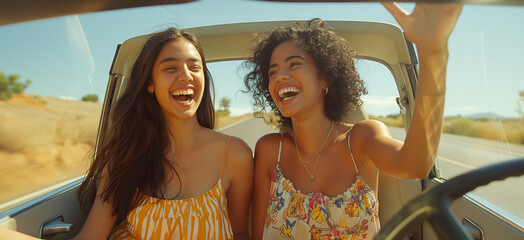 Two young women sit in the backseat of a car laughing and singing.