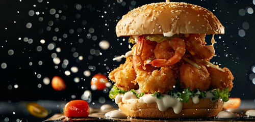 A seafood burger with a shrimp patty and tartar sauce droplets flying, set