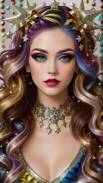Festive glittery image of a woman with blue and purple shades in makeup and hairstyle. Hair styled in voluminous curls and decorated with gold accessories