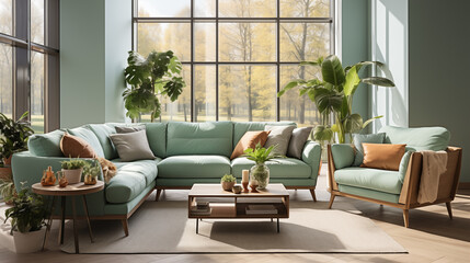 Modern living room in light and calm colors. Loft interior of living room