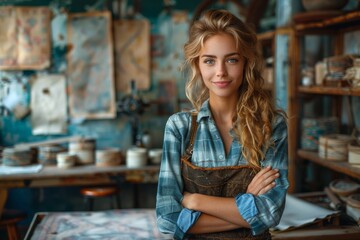 Young female pottery artist stands in her studio, surrounded by her craft, exuding creativity