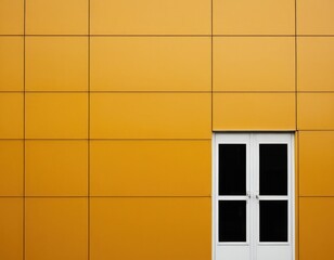 Minimalist yellow facade with symmetrical doors and windows, modern architecture background.