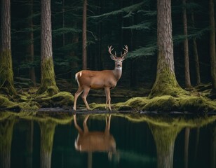 Majestic deer standing in a misty forest with lush green moss-covered ground.