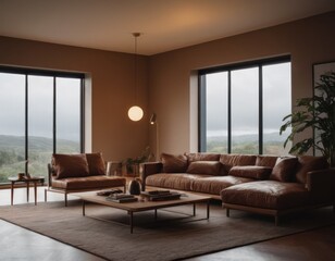Elegant modern living room with brown tones, comfortable sofa, and stylish wooden furniture.