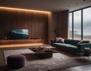 Cozy modern living room with a large TV, comfortable sofa, and wooden furniture.
