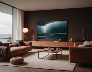 Modern living room interior with stormy ocean scene on TV, minimalist furniture, and large window with sea view.