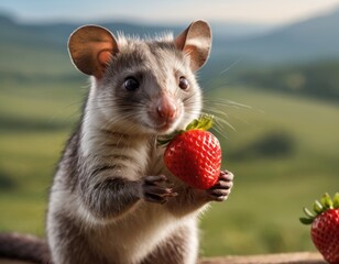 Cute possum holding a strawberry with a whimsical expression, set against a soft green background.
