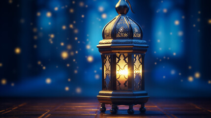 Lantern that have moon symbol on top and small plate of dates fruit with night sky and city bokeh light background for the Muslim feast of the holy month of Ramadan Kareem. - obrazy, fototapety, plakaty