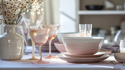  a close up of a table with plates and cups on it with flowers in a vase and a vase with baby's breath in the middle of the table.