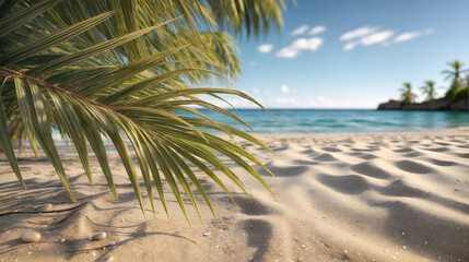 A sandy beach with palm trees against a backdrop of a blue sky. Generative AI