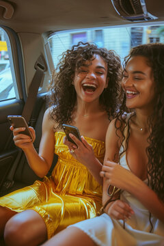 Two women in the backseat of car talking and laughing while holding their phones