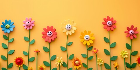 A row of colorful flowers with smiling faces on them