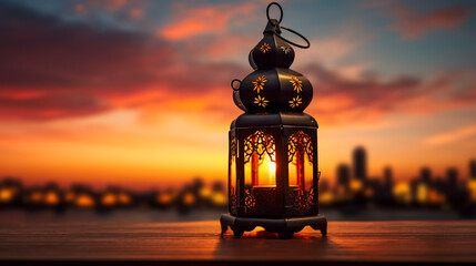 Ornamental Arabic lantern with burning candle glowing at night. Festive greeting card, invitation for Muslim holy month Ramadan Kareem. - obrazy, fototapety, plakaty
