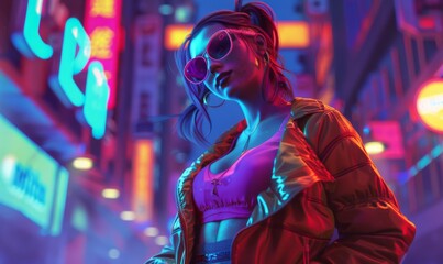 3D character exuding confidence and attitude, captured in a dynamic pose against a backdrop of pulsating neon lights and urban nightlife