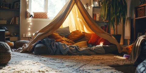 A cozy room with a tent set up in the corner