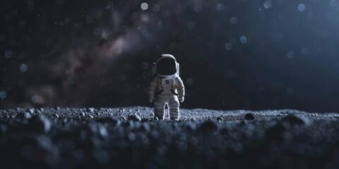 A small astronaut is standing on a rocky surface in the dark