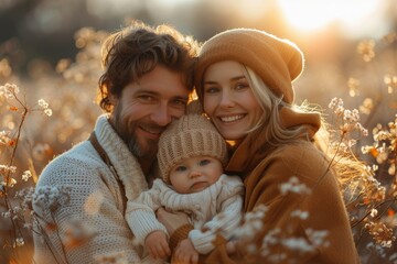 Obraz premium A young family enveloped in golden hour light, with a serene baby, enjoying an outdoor autumnal atmosphere