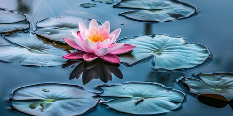 A pink flower is floating on the surface of a pond
