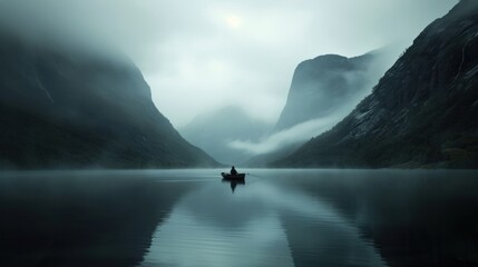  a person on a boat in the middle of a body of water with mountains in the background in a foggy, dark, foggy, overcast day.