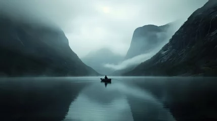 Foto op Canvas  a person on a boat in the middle of a body of water with mountains in the background in a foggy, dark, foggy, overcast day. © Liel
