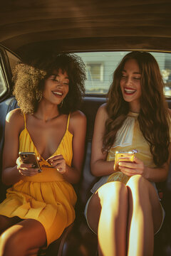 Two women in the backseat of car talking and laughing while holding their phones
