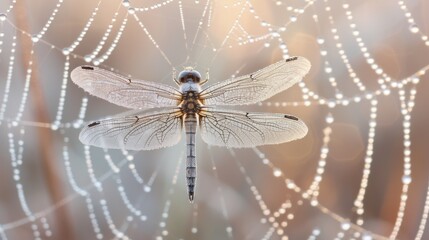 a close up of a dragonfly on a web with water droplets on it's back and a blurry background.