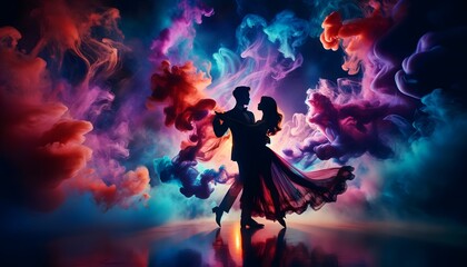  a silhouette of a couple dancing elegantly against a vibrant backdrop of swirling multicolored smoke and a starry sky.