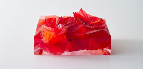 A vibrant, crimson red strawberry and hibiscus flower jelly, set in a clear, geometric mold, offering a visually striking contrast