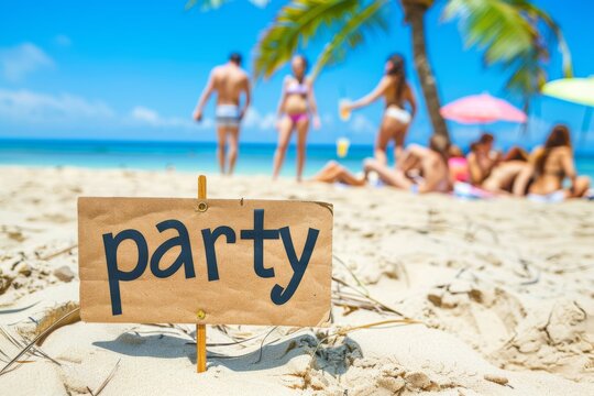 party sign and Summer party with Sea pool party with Happy people in background, space for Text