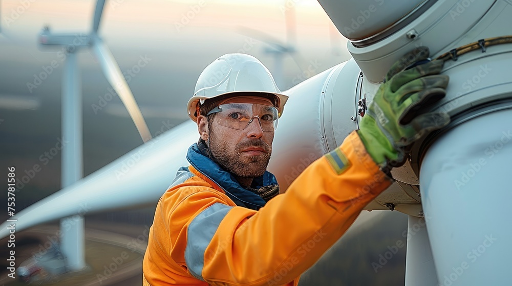 Aufkleber an engineer repairing the blade of a wind turbine. work on the intricate mechanics of the turbine bl