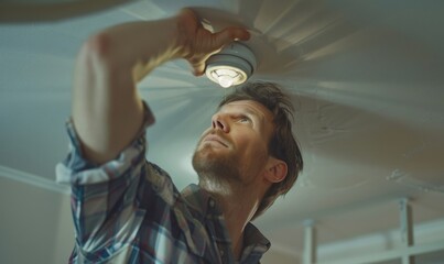 Electrician installing a smoke detector on the ceiling, with focused attention on the intricate wiring and mounting process - obrazy, fototapety, plakaty