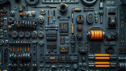 Fototapeta premium A neatly curated selection of fitness gear and gym equipment set against a smooth, dark background.