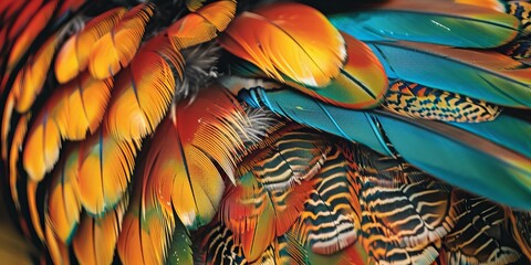 A close up of a bird's feathers, with a mix of red, yellow, and blue colors - obrazy, fototapety, plakaty