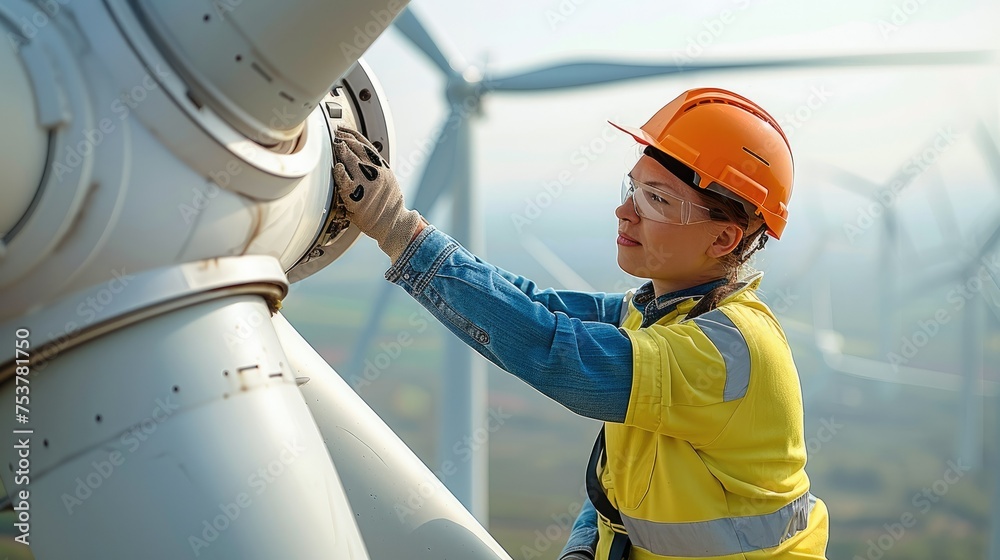 Poster inspection engineers preparing to rappel down a rotor blade of a wind turbine in wind farm. generati