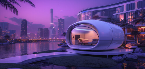 Close exterior view of a space-age pod home in a futuristic cityscape, background color: neon purple