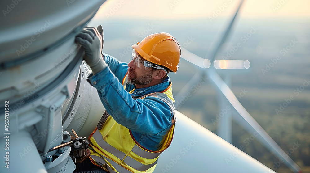 Poster inspection engineers preparing to rappel down a rotor blade of a wind turbine in wind farm. generati