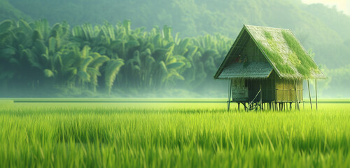 Close exterior view of a bamboo hut on stilts in a tranquil rice paddy, background color: paddy...