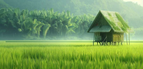 Fotobehang Close exterior view of a bamboo hut on stilts in a tranquil rice paddy, background color: paddy green © Haani