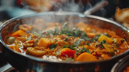 A pot of fragrant curry simmering with vegetables and spices