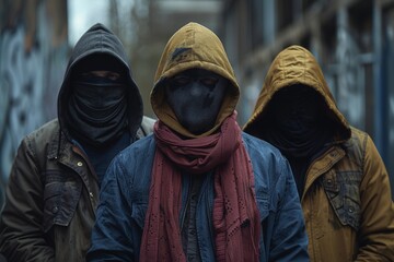An intimidating gang clothed in vibrant hooded jackets, standing confidently amidst a scene of urban decay, suggesting notions of rebellion