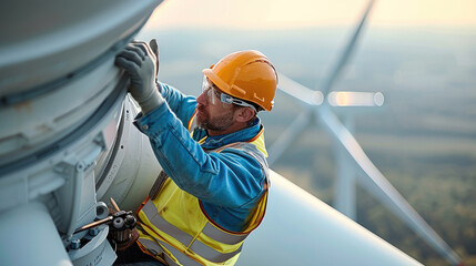 Inspection engineers preparing to rappel down a rotor blade of a wind turbine in wind farm. Generative AI. - obrazy, fototapety, plakaty