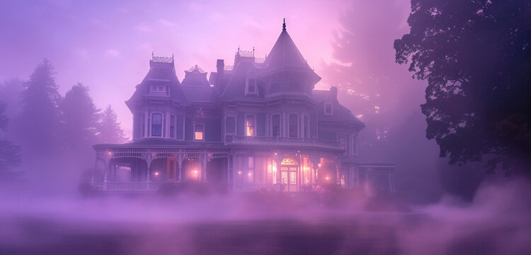 Close exterior view of a Victorian mansion at dusk with a mysterious fog rolling in, background color: twilight purple