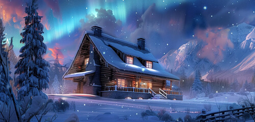Close exterior view of a rustic log cabin in a snowy landscape under the northern lights, background color: icy blue