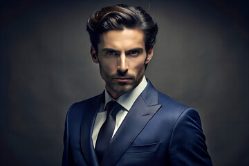 portrait of confident male model in fashionable dark blue classic suit on the dark  background 