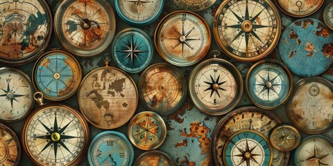 Fototapeta na wymiar A collection of antique clocks with a map background