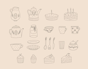 vector hand drawn kitchen collection with teapots, cups, cakes and pastries, doodle country core
