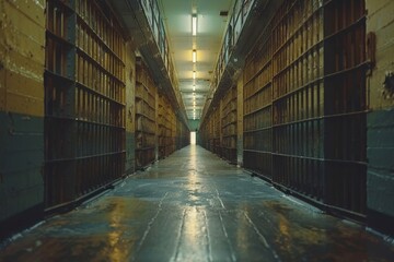 An empty, eerie corridor of a prison, bathed in an ominous light suggesting hope or escape at the far end